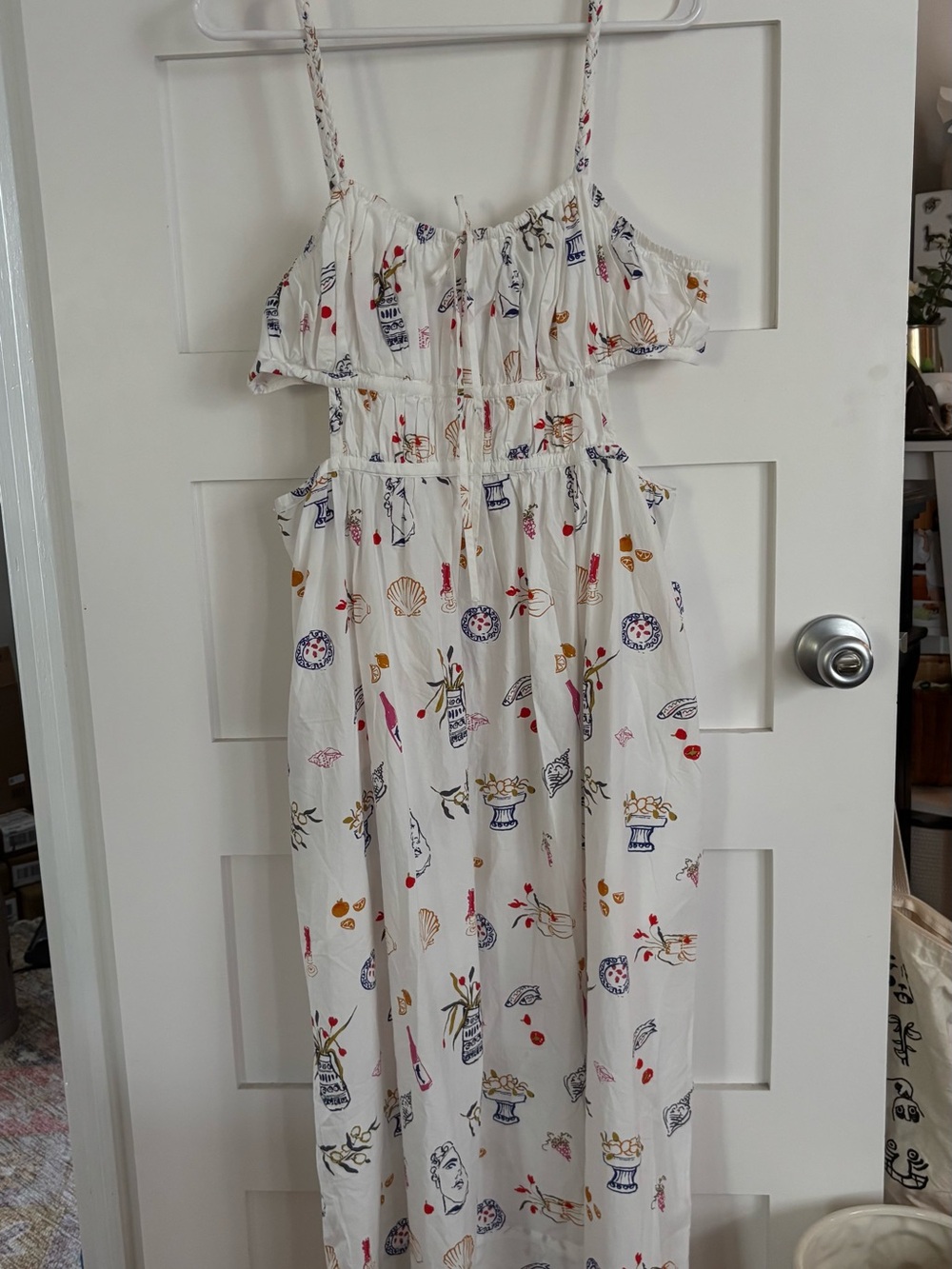 Madewell / Lisa Says Gah! White Midi Dress with Greek Summer Multicolor Print